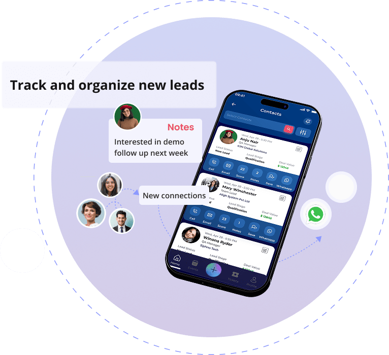 CRM interface showing contact organization and lead tracking